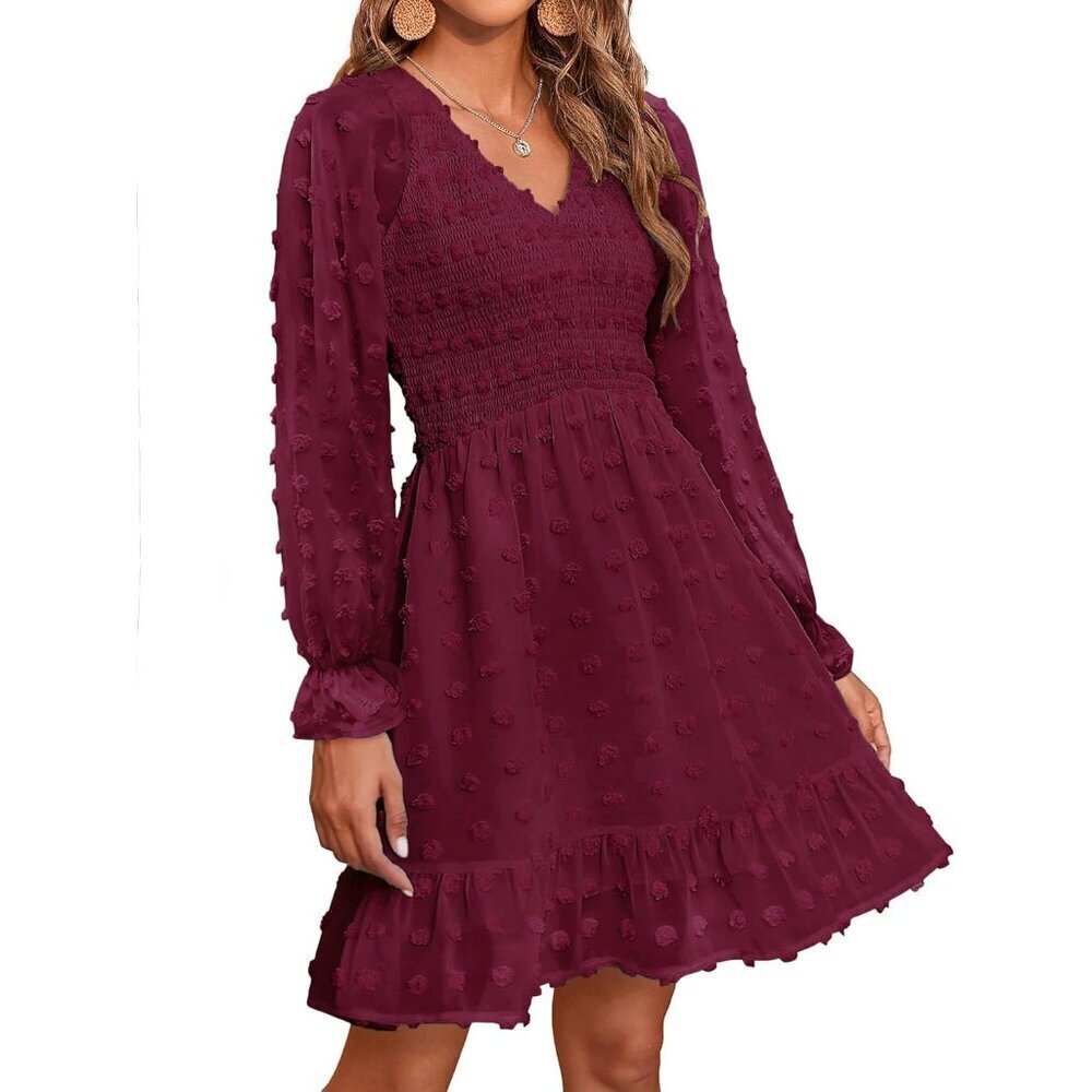 Spring Dresses for Women 2026 Long Sleeve Casual V Neck Swiss Dot Smocked Ruffle
